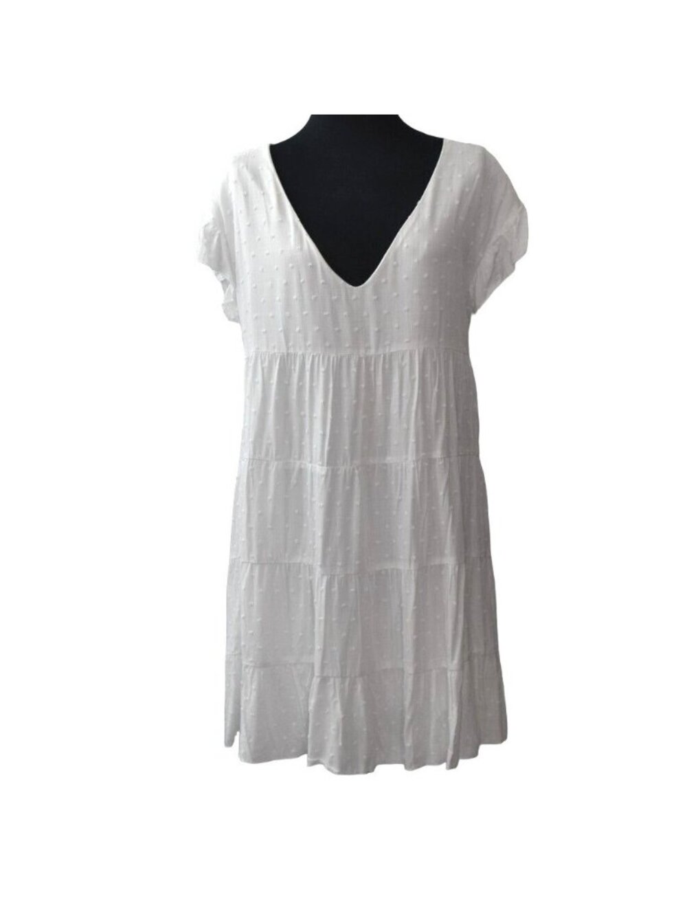 Socialite White Swiss Dot Tiered V Neck Dress Small Boho Babydoll New